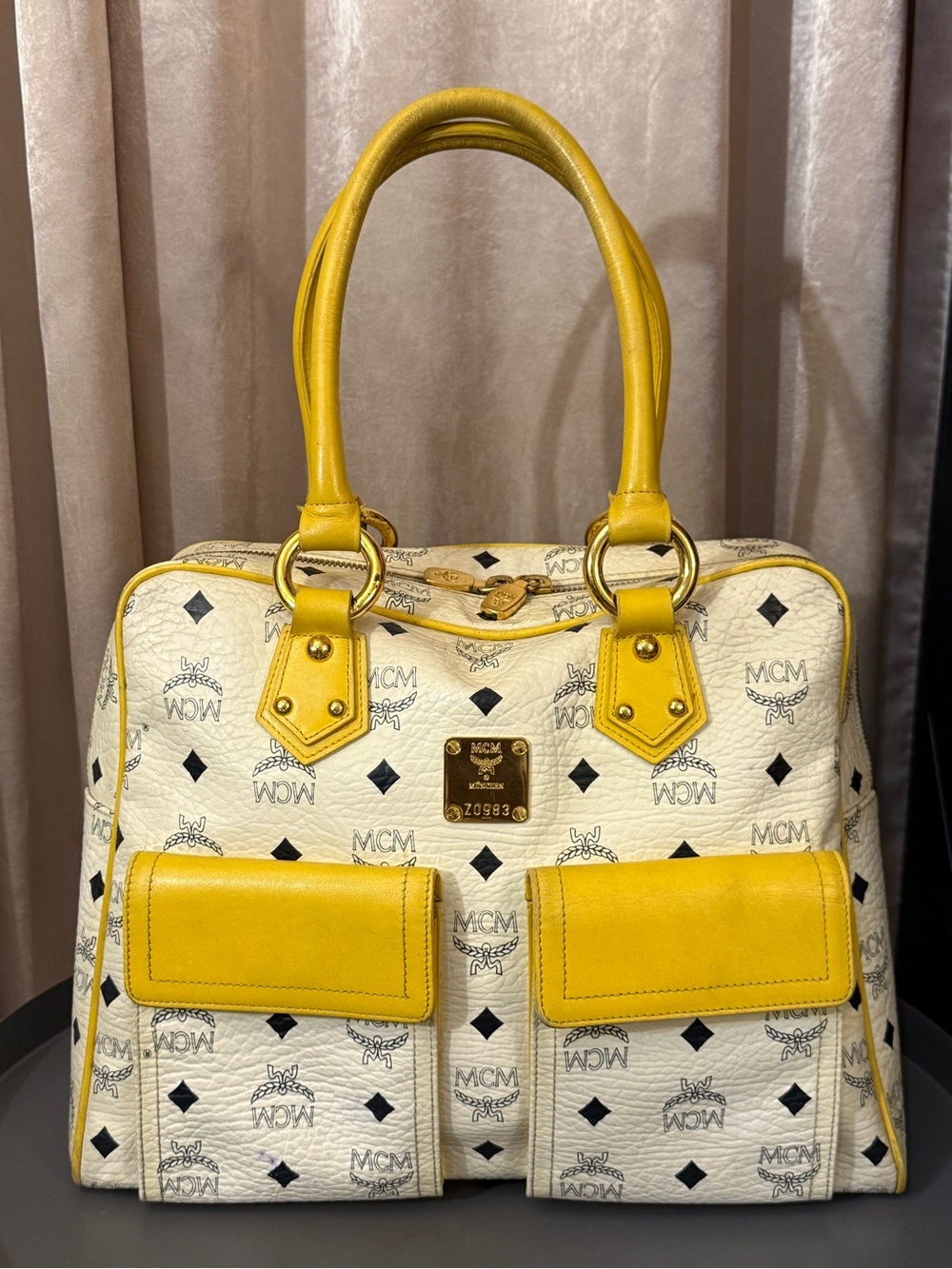 MCM White Visetos Double Pocket Satchel with Yellow Leather Trim
